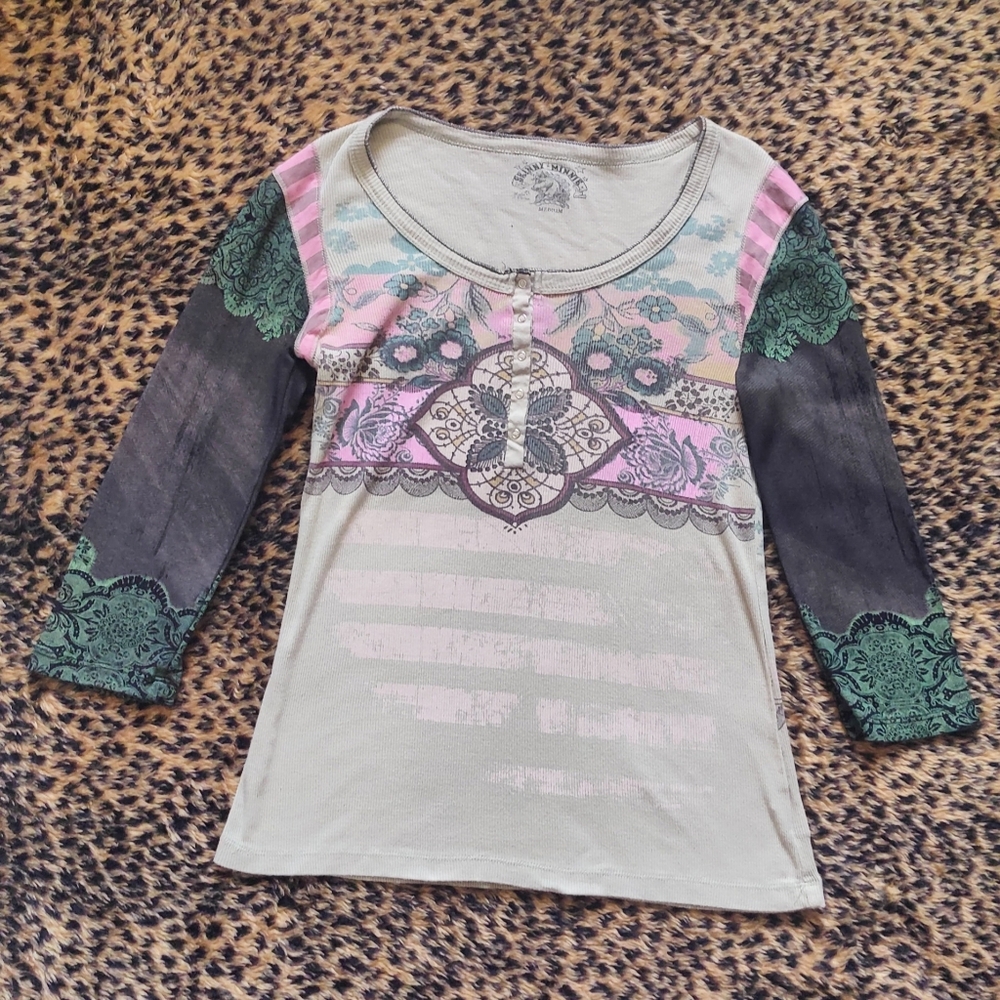 Y2K Boho Whimsical Cottagecore Screenprint Design Henley Shirt Medium Fairycore